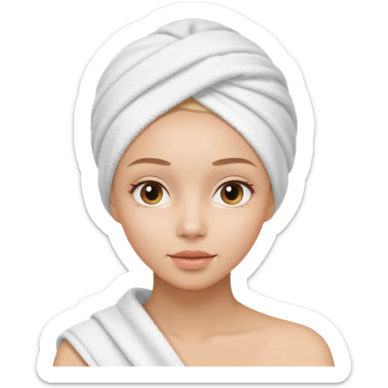 A gril that her head covered with towel and skincare plis hide the hair and this girl shuold be using a skincare product sticker