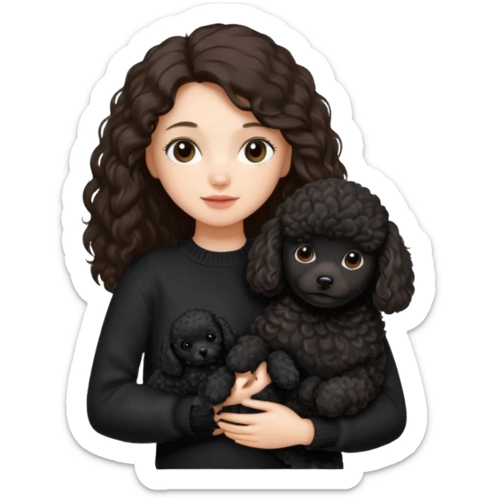 One Brunette girl with long hair in a black sweater holds a single black Poodle puppy in her arms sticker