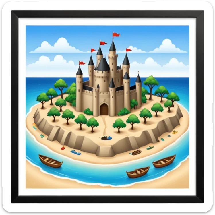 A huge island with trees boats and sand in the middle there is a huge beautiful castle sticker