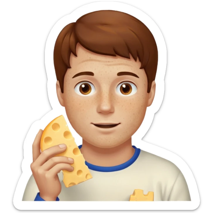 Man with brown hair and white skin with freckles, eating cheese sticker