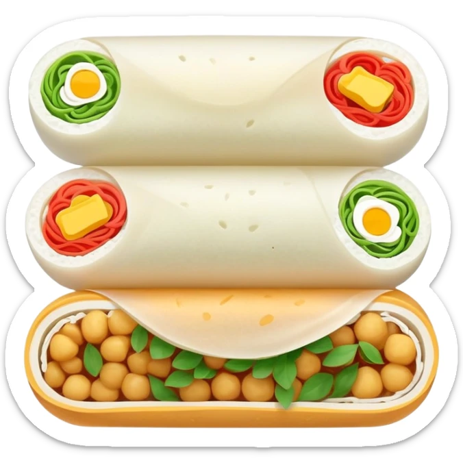 Hangzhou Pian Er Chuan steamed rice cake rolls with fillings, simplified emoji style with bold outlines and bright colors, cartoon style local specialty snack sticker