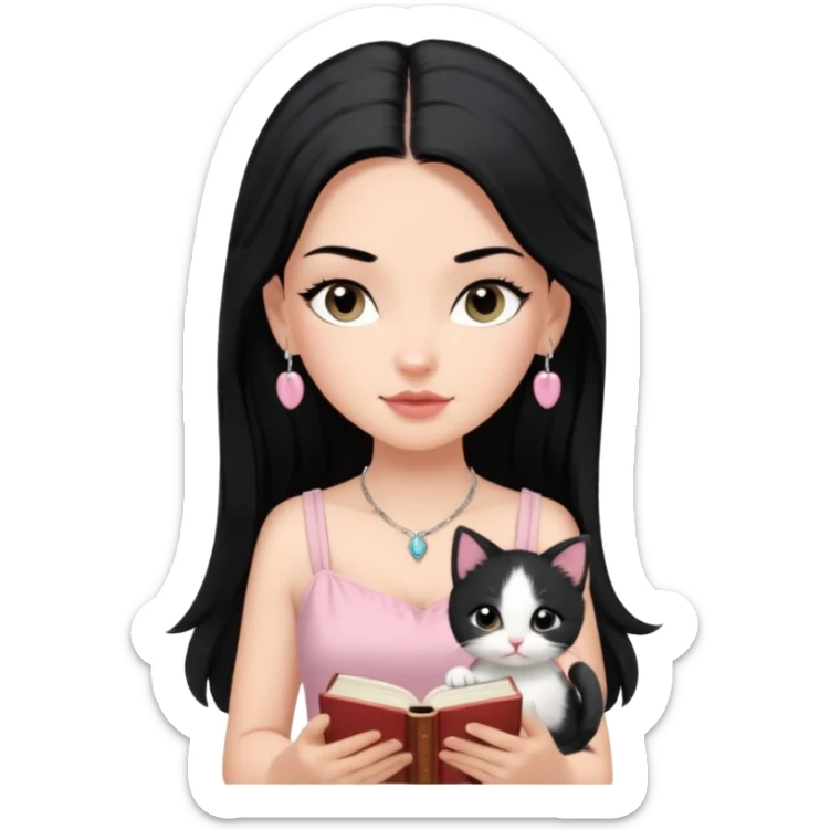 Menina branca ,cabelos pretos longos, olhos pretos puxados para cima. Cílios longos, lábios grossos ,nariz pequeno ,vestido rosa claro de alça. Colar e brinco bem pequeno. Lendo um livro com gatinho preto e branco. sticker