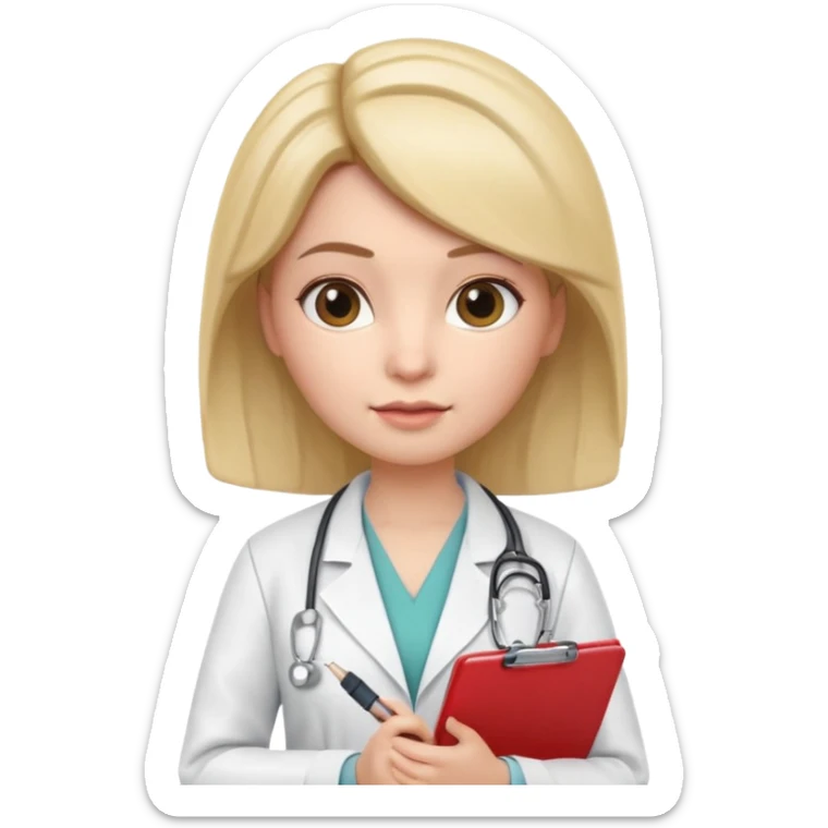3D memoji female doctor holding clipboard and pen, slightly strict but kind facial expression, educational vibe, white medical coat, isolated PNG sticker
