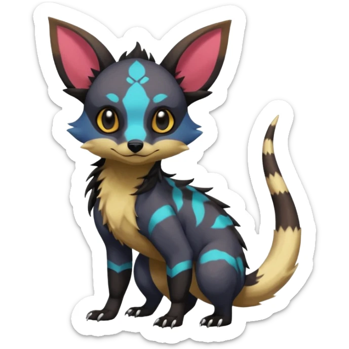 Rare exotic cute epic aesthetic gothic colorful Salandit-Eevee-Civet-species-Fakemon-hybrid-creature, with markings, full body sticker