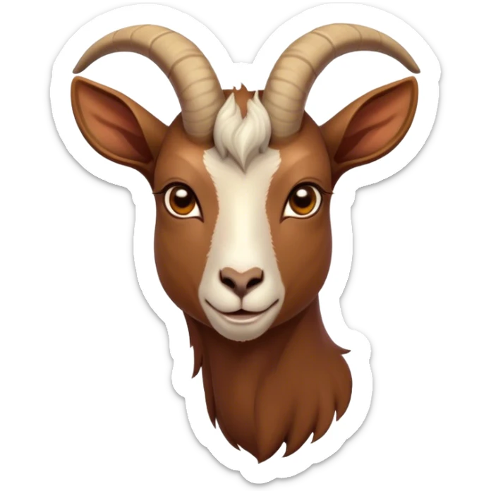 Cinematic Noble Brown Goat Portrait Emoji, Poised and regal, with a sturdy, agile build and a smooth, well-groomed rich brown fur accented by gracefully curved horns, deep-set soulful dark eyes, Simplified yet sharp and sophisticated features, highly detailed, glowing with a warm, dignified glow, high shine, intelligent and spirited, stylized with an air of rustic elegance, focused and attentive, soft glowing outline, capturing the essence of a watchful and confident goat, so majestic it feels as though it could leap out of the screen with effortless authority! sticker
