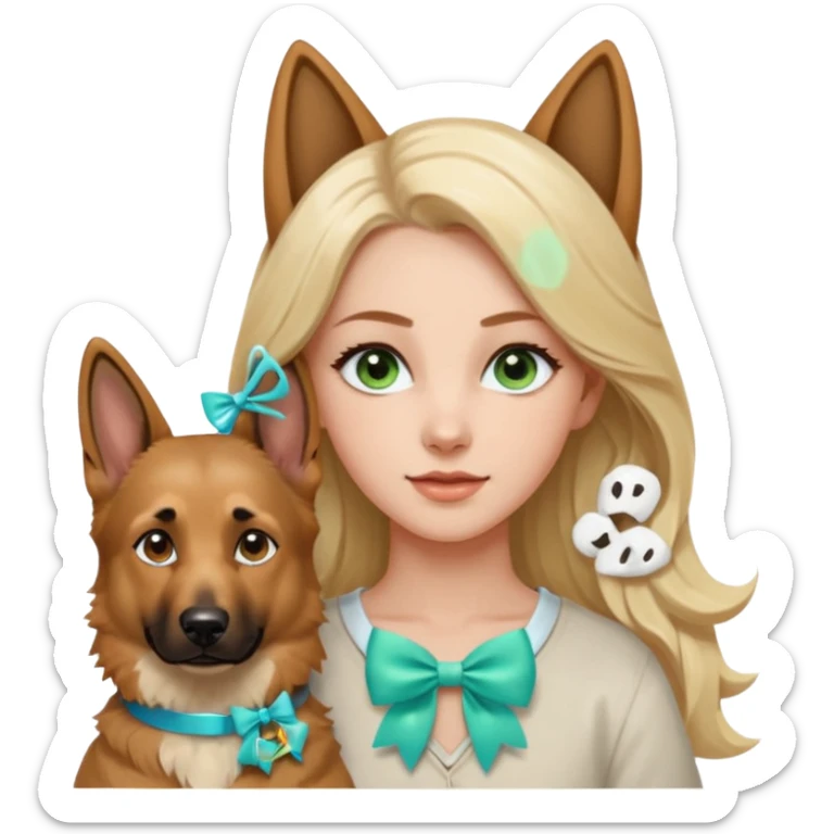 A white Long Wave blonde Hair Woman with blue-green eyes with a Brown eyed White Shepard with a little bit beige in then end of the ears and a lneom Link bow in neck in a lovely pose sticker