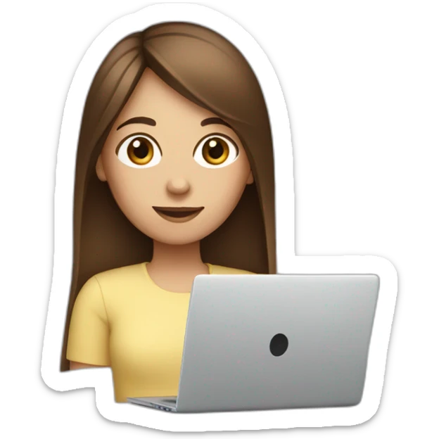 a girl with straight brown hair with a square behind a laptop sticker