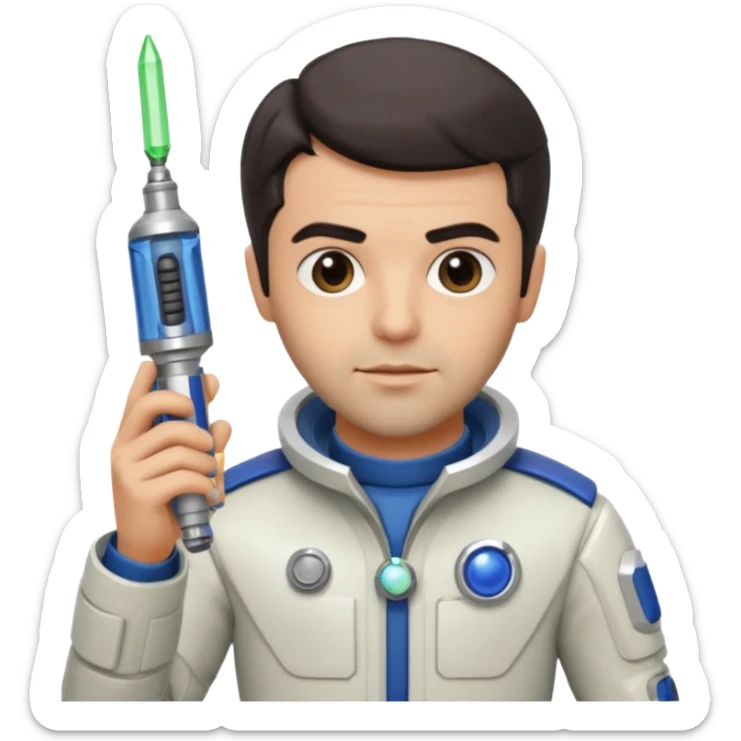 Sean Teale as Tristan the Doctor holding a sonic screwdriver in a space adventure sticker