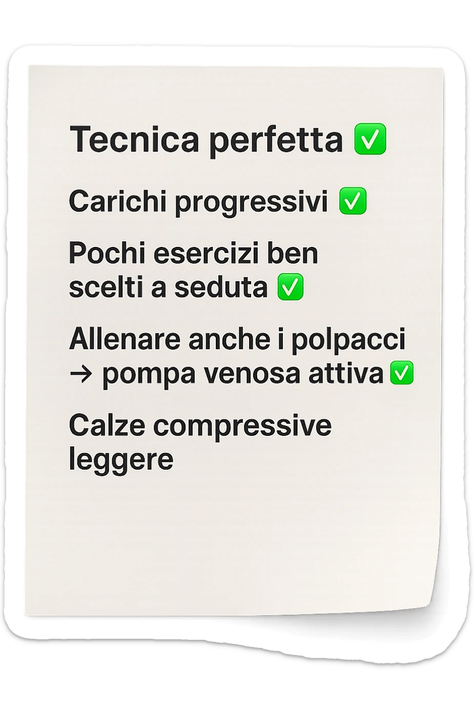 FOGLIO DI CARTA PER L'ALLENAMENTO IN PALESTRA CON LA SCRITTA "Tecnica perfetta
 ✅ Carichi progressivi
 ✅ Pochi esercizi ben scelti a seduta
 ✅ Allenare anche i polpacci → pompa venosa attiva
 ✅ Calze compressive leggere" , IPERREALISTICA 4K sticker