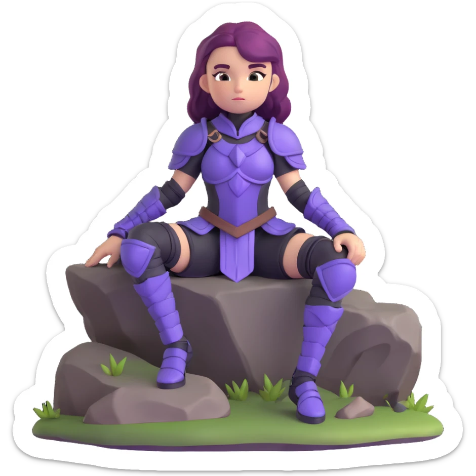 mysterious warrior girl with flowing purple hair, dressed in black armor, sitting on a rock sticker