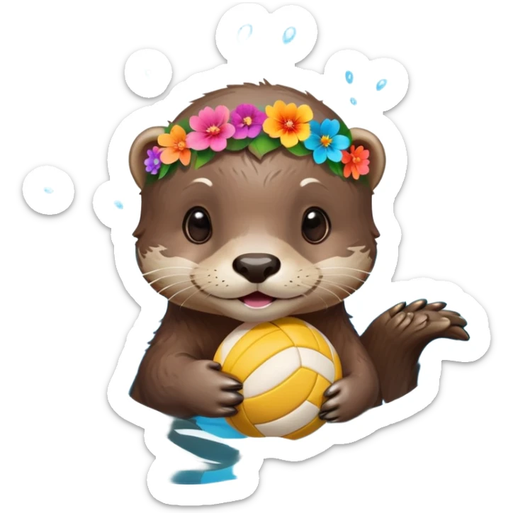 super cute baby otter with a colorful flower crown ring around its head, gentle expression, FLOATING ON EXTREMELY OBVIOUS BRIGHT BLUE WATER with exaggerated large waves, splashes and ripples surrounding the otter, baby otter holding a volleyball with both paws above the very prominent water sticker