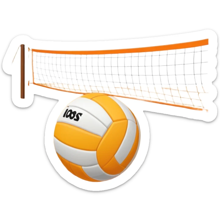 The scene captures a sunny sea beach with clear blue sea and sky, palm trees swaying. A volleyball resting on the orange sand ground of a beach, with a volleyball net in the background.  sticker
