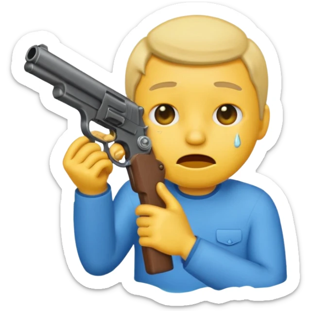 Make a yellow emoji of a guy holding a gun and the guns barrel is in his mouth while crying blue water sticker