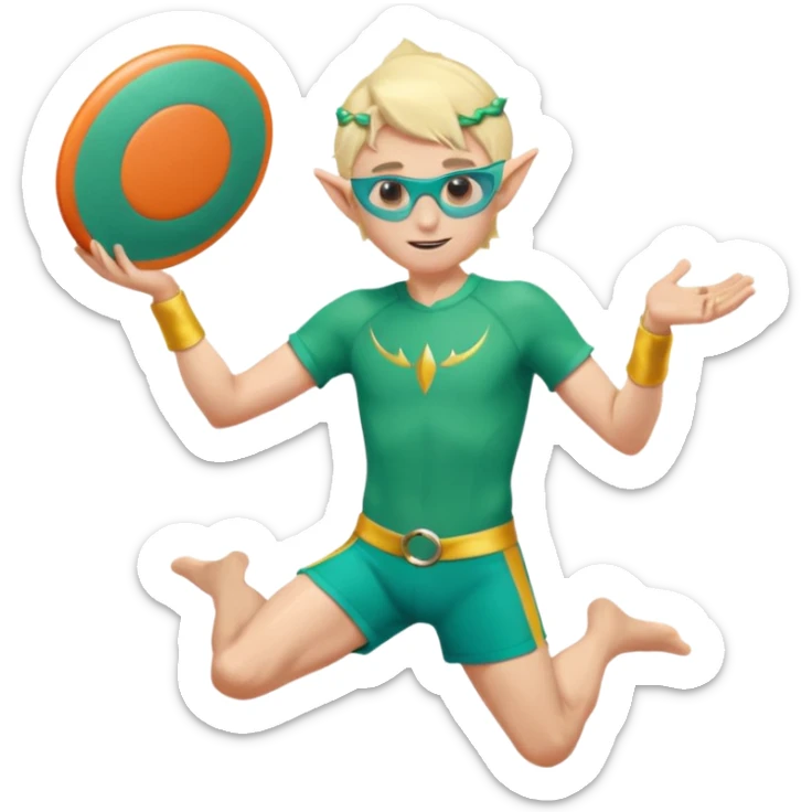 elf male legolas launching a frisbee woven from pure sunlight, wearing sporty teal swim shorts and performance sunglasses, pointy ears, centered emoji sticker