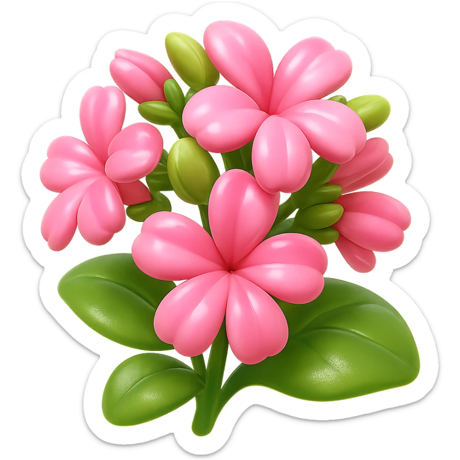 Create a 3D iOS-style square image of cartoon soapwort (Saponaria) flowers with extra volumetric and rounded shapes, exaggerated cute pink petals, big green leaves, playful proportions, soft lighting, and a glossy effect. No background, no face or smile, proportions 1:1. Style should reflect GPT Image style as requested. sticker