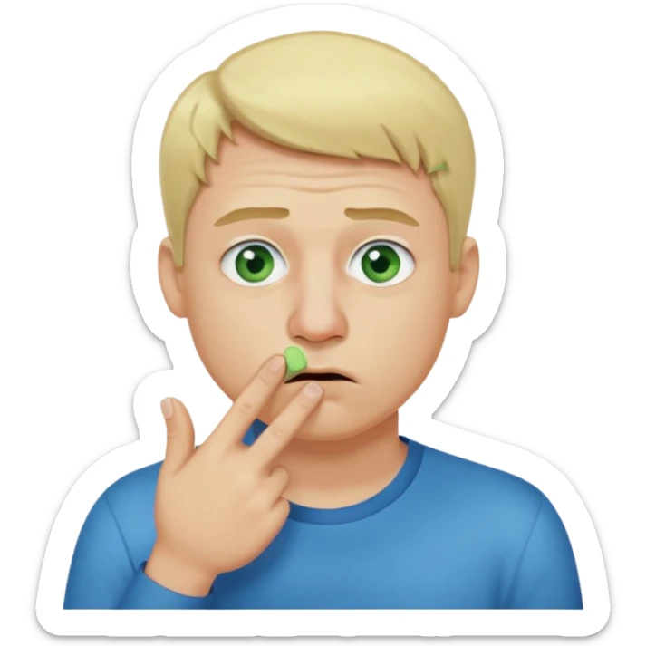 a emoji with two fingers in his nose, make him have a natural white skincolour and blonde hair, blue/green eyes, put the fingers in his nose, its a man and he needs two fingers IN his nose sticker