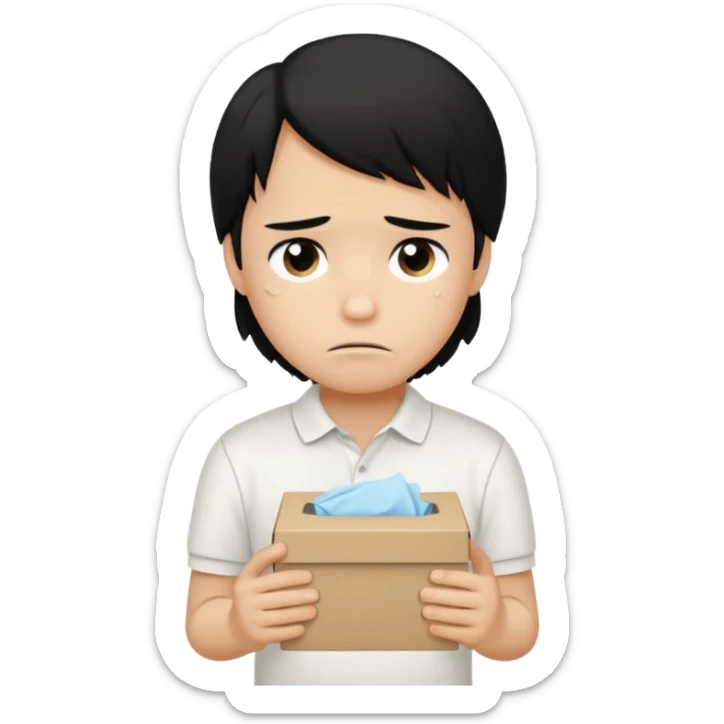 generate a pretty bratz boy with long black hair, wearing a white polo shirt. Looking sad, holding a box of tissues sticker