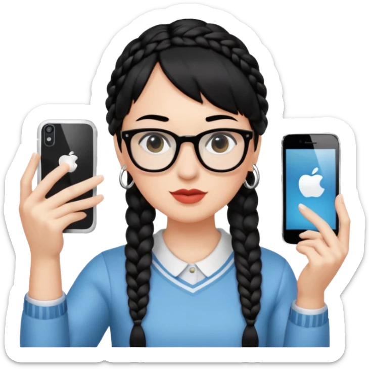 Black hair braided to one side, bangs, horn-rimmed glasses, and taking mirror selfies with iPhone white. Holding a phone to show the iPhone logo sticker