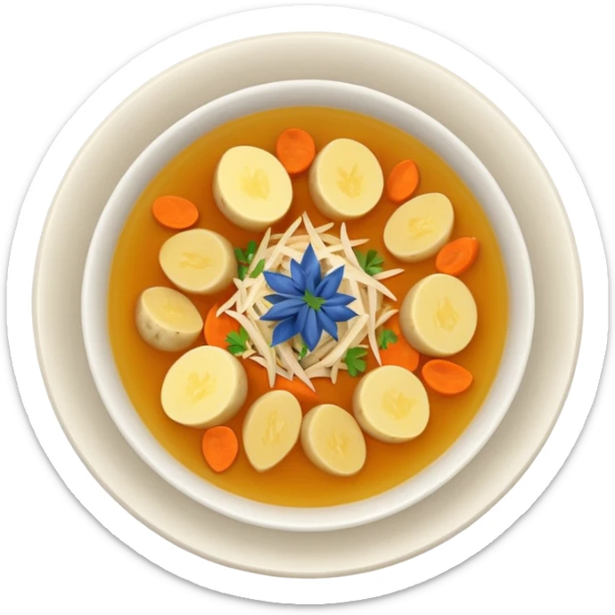Emoji of a Mexican chicken broth (consomé de pollo): a warm golden soup with bits of shredded chicken, carrot, potato, and cilantro in a simple round bowl, viewed from above sticker