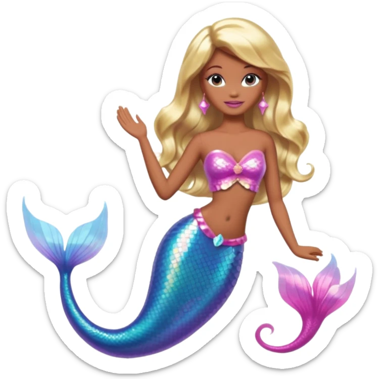 Brown skin blonde hair barbie mermaid with holographic tail and pink  in hair sticker
