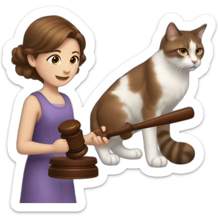 a young girl with brown hair grabbing a Gavel like a judge, and with two cats behind her, one black and the other one snowshoe sticker