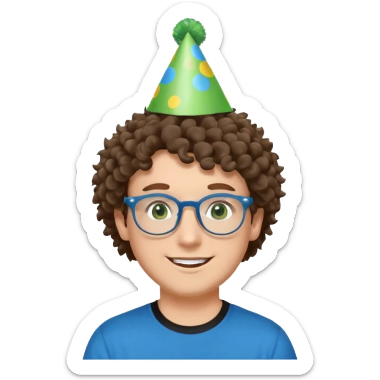 A white guy with curly brown hair and green eyes with a happy face, and wear square glasses.He’s also got a full silver birthday party hat on his head with blue pom poms on top of it, and his T-shirt is all black, he wears a little gold circle earrings on his left  sticker