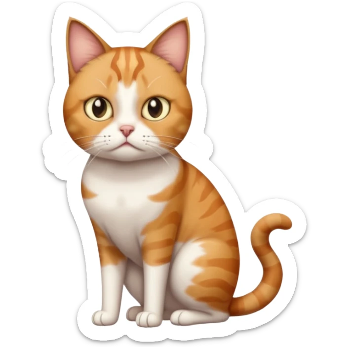 full body white, ginger and brown tabby calico cat with skinny head and fat body with an anxious face sticker