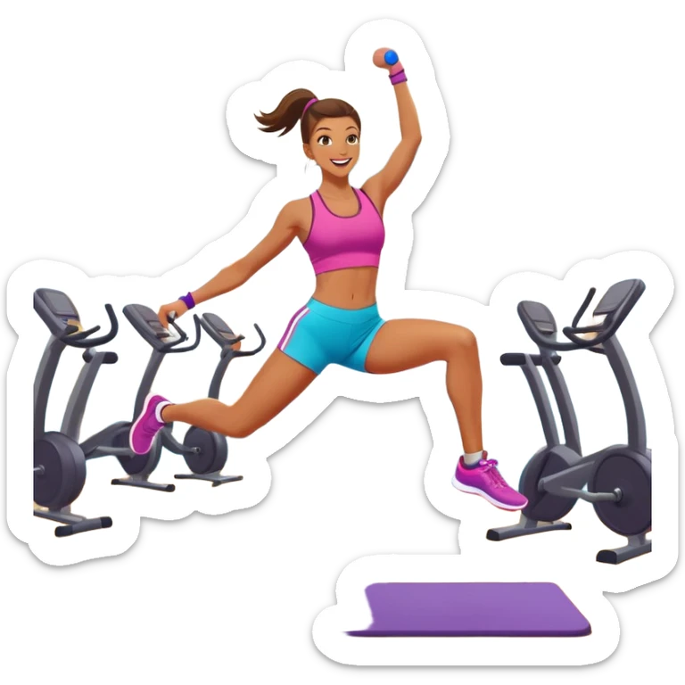 An energetic person performing an aerobics workout in a brightly lit gym, jumping and stretching with enthusiasm. The scene includes vibrant fitness equipment like dumbbells and exercise mats, with a background of cheerful, motivating colors, conveying energy and movement. sticker