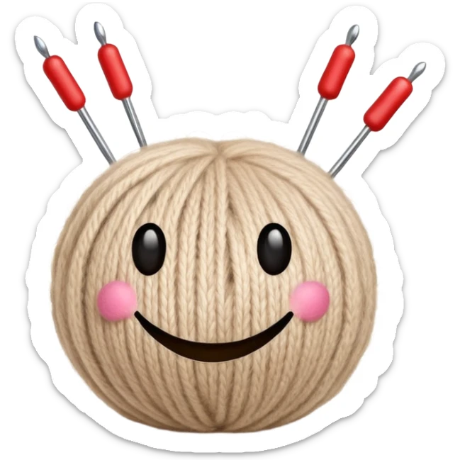 ball of beige mohair wool with knitting needles, needles are shaped like iOS smiley faces sticker