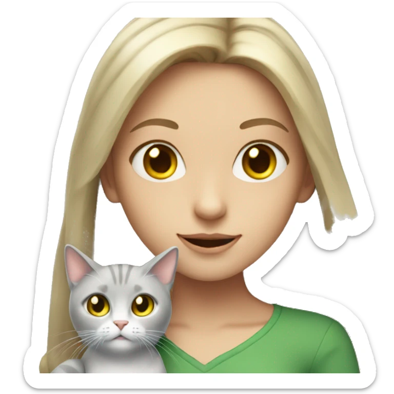 A girl with long blond hair and green eyes holds a gray cat with yellow eyes in her arms sticker