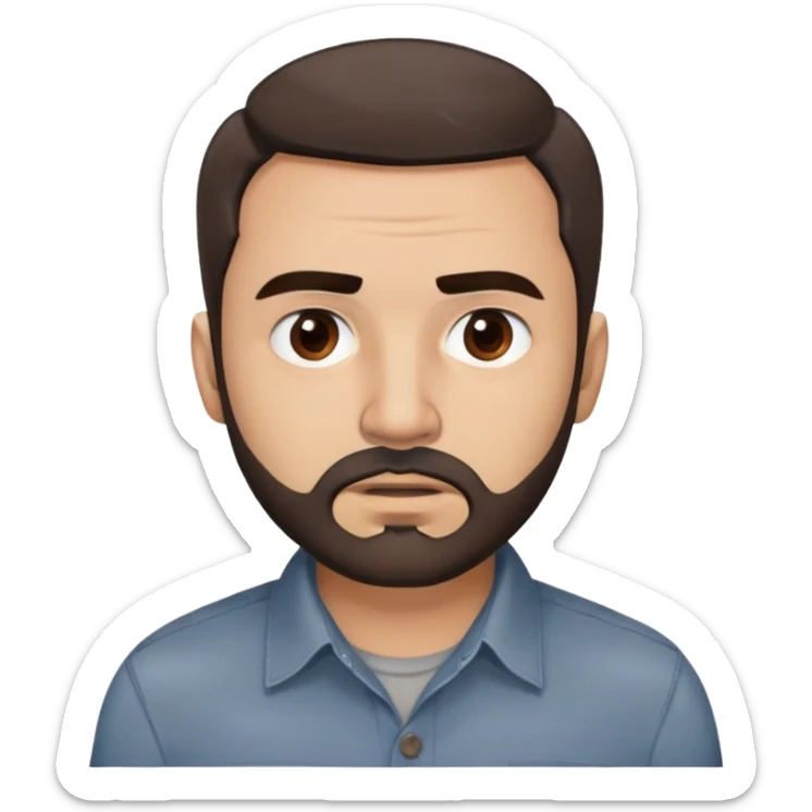 Puerto Rican actor René Monclova with round face, wide jaw, light skin. Expressive dark brown eyes, thick eyebrows. Short brown hair with receding hairline. Messy beard, brown with some gray patches. Wearing a dark button-down shirt. sticker