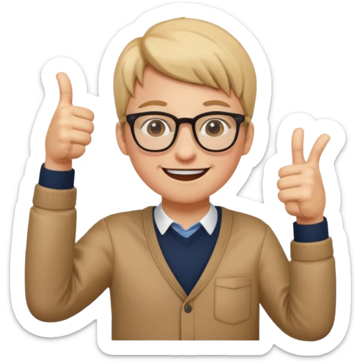 un estudiante que este parado con sus lentes guiñando el ojo y CON LAS MANOS HACIA ARRIBA DANDO LIKE sticker