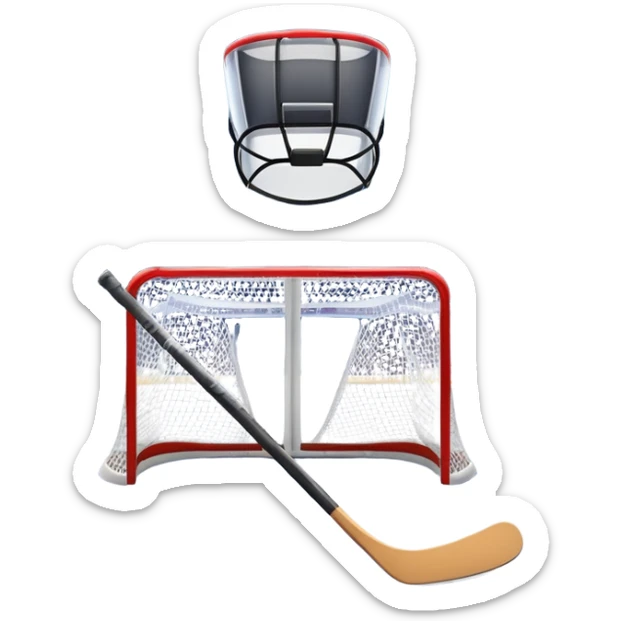 An icon showing a close-up of a hockey stick, puck, skates, and hockey net placed on the ice. The background features a packed stadium with bright lights, cheering fans, and snowy scenery outside. Transparent background highlights the key elements of the game. sticker