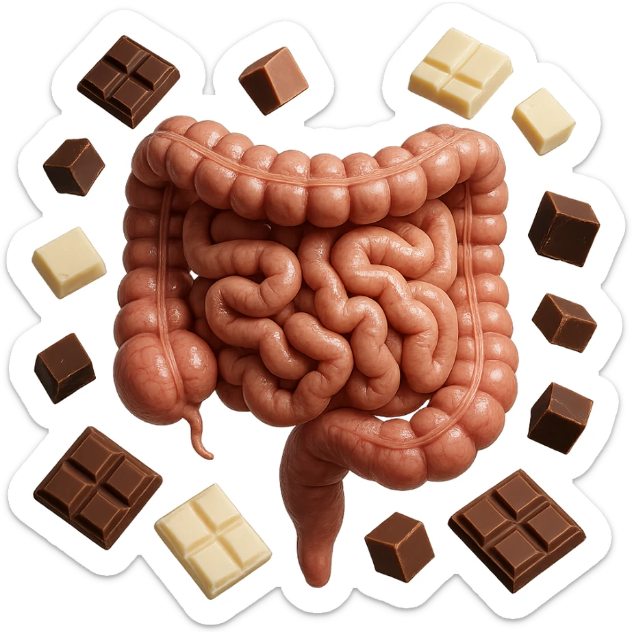 pezzetti di cioccolato fondenti, al latte e bianchi fluttuano intorno ad un intestino umano anatomico realistico, IPERREALISTICO 4K sticker