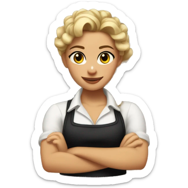 Waitress with white shirt and black apron, curly dirty-blonde hair in a pony tail, hazel eyes, lots of bohemian jewelry and bracelets  sticker