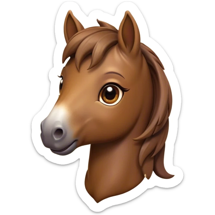 Cinematic Cute Brown Welsh Pony Portrait Emoji, Head tilted playfully and inquisitively, featuring a compact, charming form with a glossy, deep brown color, round, sparkling eyes full of gentle mischief, and a sweet, soft muzzle, Simplified yet irresistibly adorable features, highly detailed, glowing with a warm, inviting glow, high shine, affectionate and lively, stylized with a touch of rustic whimsy, soft glowing outline, capturing the essence of a mischievous yet endearing brown Welsh pony that seems as if it could prance out of the screen into your arms! sticker
