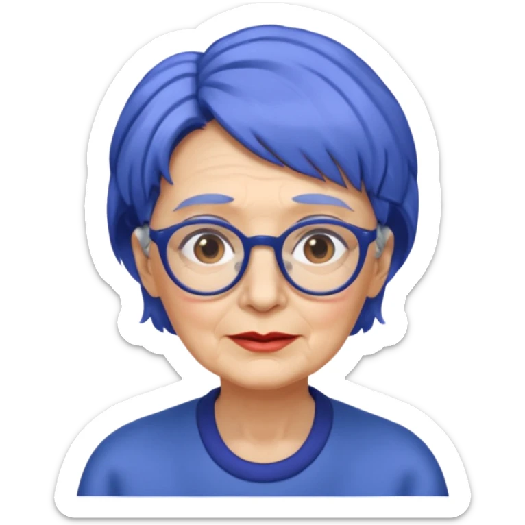 old lady with cobalt hair, wearing glasses, slight curl short hair, long face sticker
