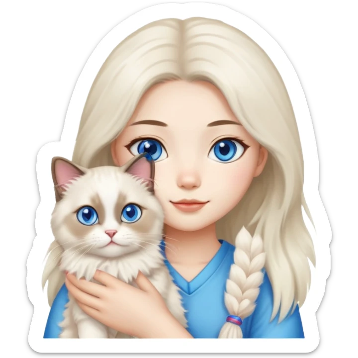 Asian girl holding a fluffy ragdoll cat with blue eyes and colorpoint fur sticker