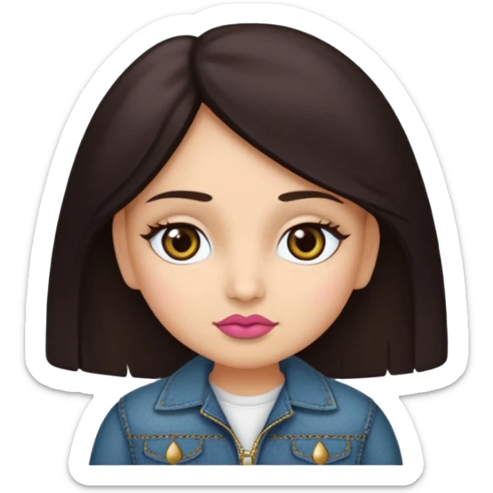 Gordita, ojos pequeños de color cafe oscuro, labios pequeños y rosados, piel trigueña, orejas pequeñas, cabello largo lazio y negro, pequeña. cuerpo completo. vestida con saco jean y botas sticker