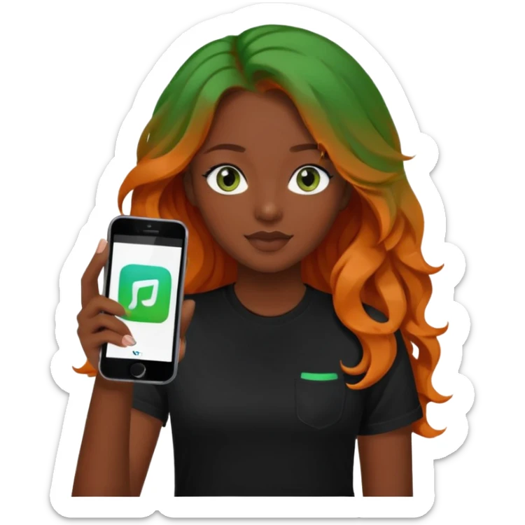 Girl with dark long orange wavy hair, green eyes, and black t-shirt and phone with tiktok app on hands sticker