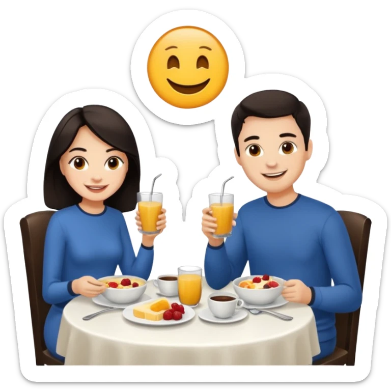 pon una pareja desayunando sedayuno de hotel pareja de pelo moreno sticker