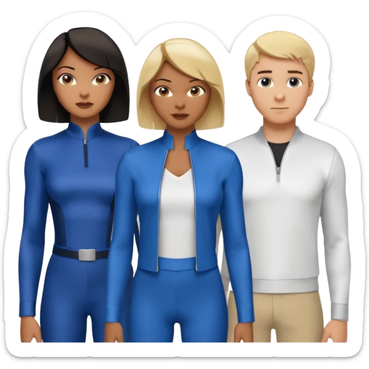 3 Friends standing side by side, charlie's angels style: 1 black woman with a short flat pressed bob, 1 hispanic man with a thin nose and long hair, and 1 white guy with blue eyes and a short brown-blonde haircut sticker