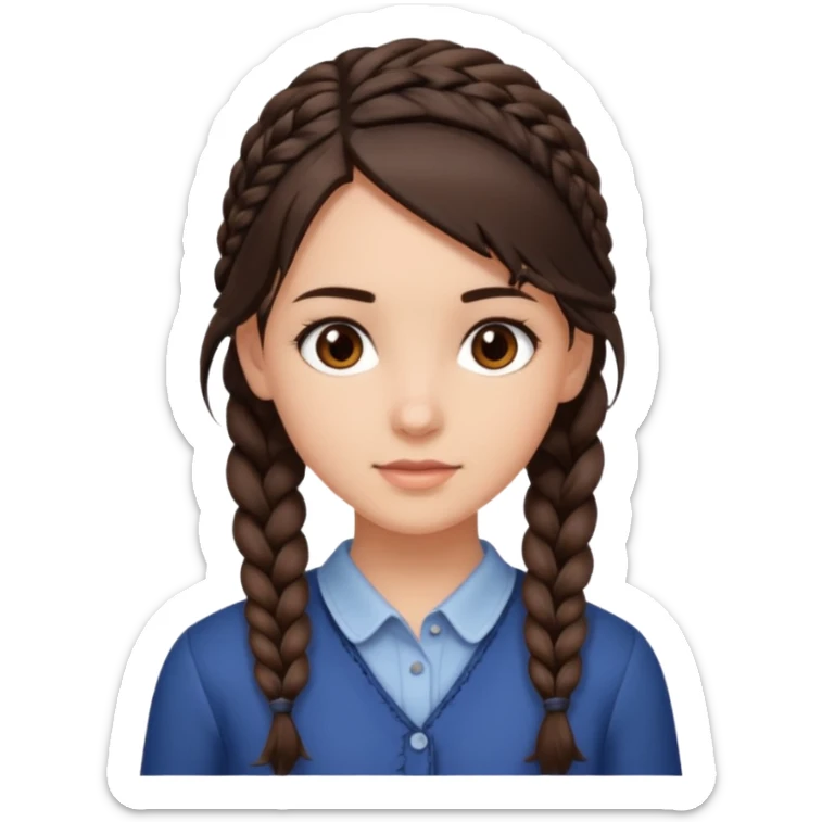 Draw me a brunette girl, with medium-length hair, dark brown eyes, and a side braid sticker