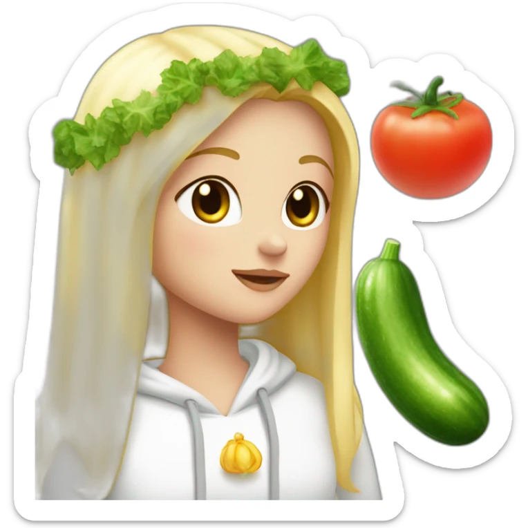 blonde girl  eating  cucumber and tomatoes with white hoodie iridescent and a crown princess sticker