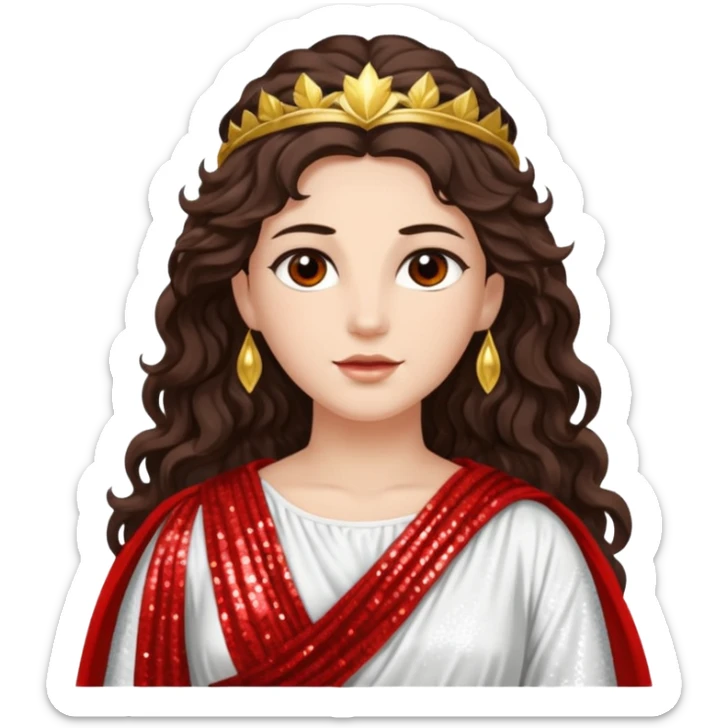 Libertas, Goddess of Freedom from Roman Deities with long dark brown wavy hair, white and red sequin toga sticker