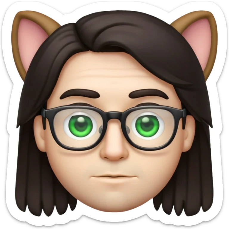 young male emoji with wide face, fuller lips, very poofy voluminous dark straight hair (not curly), big ears, pale skin, glasses, green eyes set wider apart, very light stubble sticker