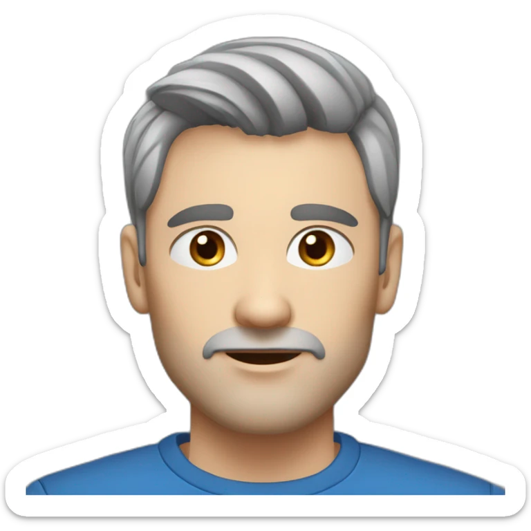 Scandinavian man, age in 40s, blue eyes, dark grey hair, short hair on the sides, more hair on the top large lips, slim face, dark tshirt, thin light eyebrows, no beard, sticker