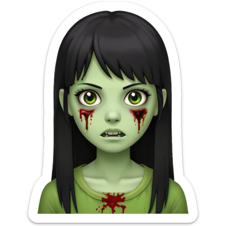 Emoji de uma garota zumbi com os cabelos longos, lisos e pretos. Ela usa uma franja curta. E tem a pele verde  sticker