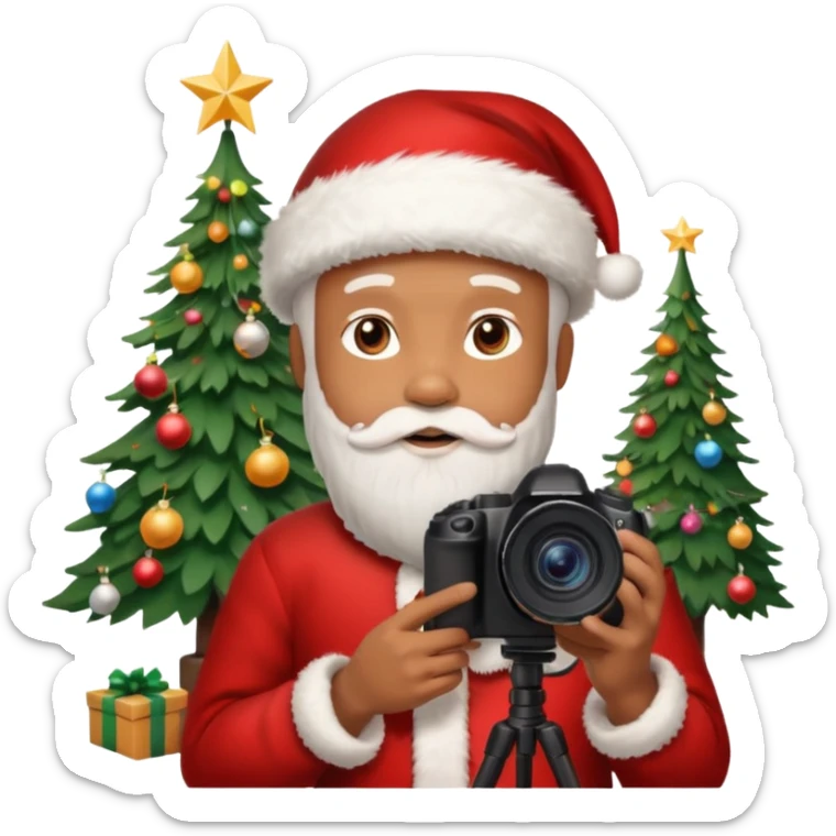 Homme photographe noir, week-end détente, équipé d’un appareil photo pro. Dans un décor Noël chaleureux, Père Noël à côté, sapin illuminé, lumières douces.  Ambiance festive, réaliste, couleurs nettes sticker