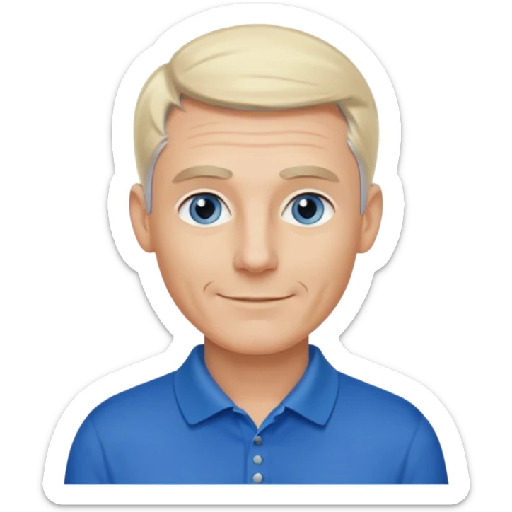 Avatar pic male gray hair blue eyes clean shaven blonde eyebrows high cheekbones sly smile long eyelashes wearing a black golf shirt sticker